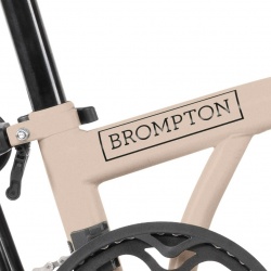 Brompton C Line 12-speed Low - Dune Sand - showing Brompton decal