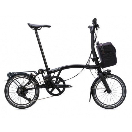 Brompton Electric P Line 4-speed Mid bar folding bike with Rack (SuperRoll) - Black - stock image, unfolded 