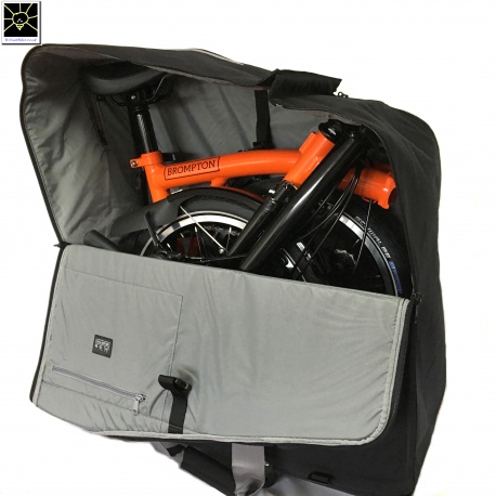 Brompton travel bag - the NEW bag for carrying your Brompton - showing the 2019 Orange BLACK edition inside